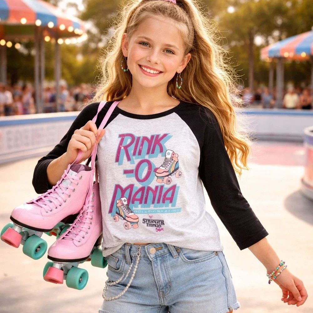 Justice Stranger Things Skater Rink O Mania Roller Skates‎ Shirt Size Medium 10